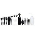 Black mini garden tool set for succulents with 15 tools including shovel, tweezers, watering bottle, and a square cushion.