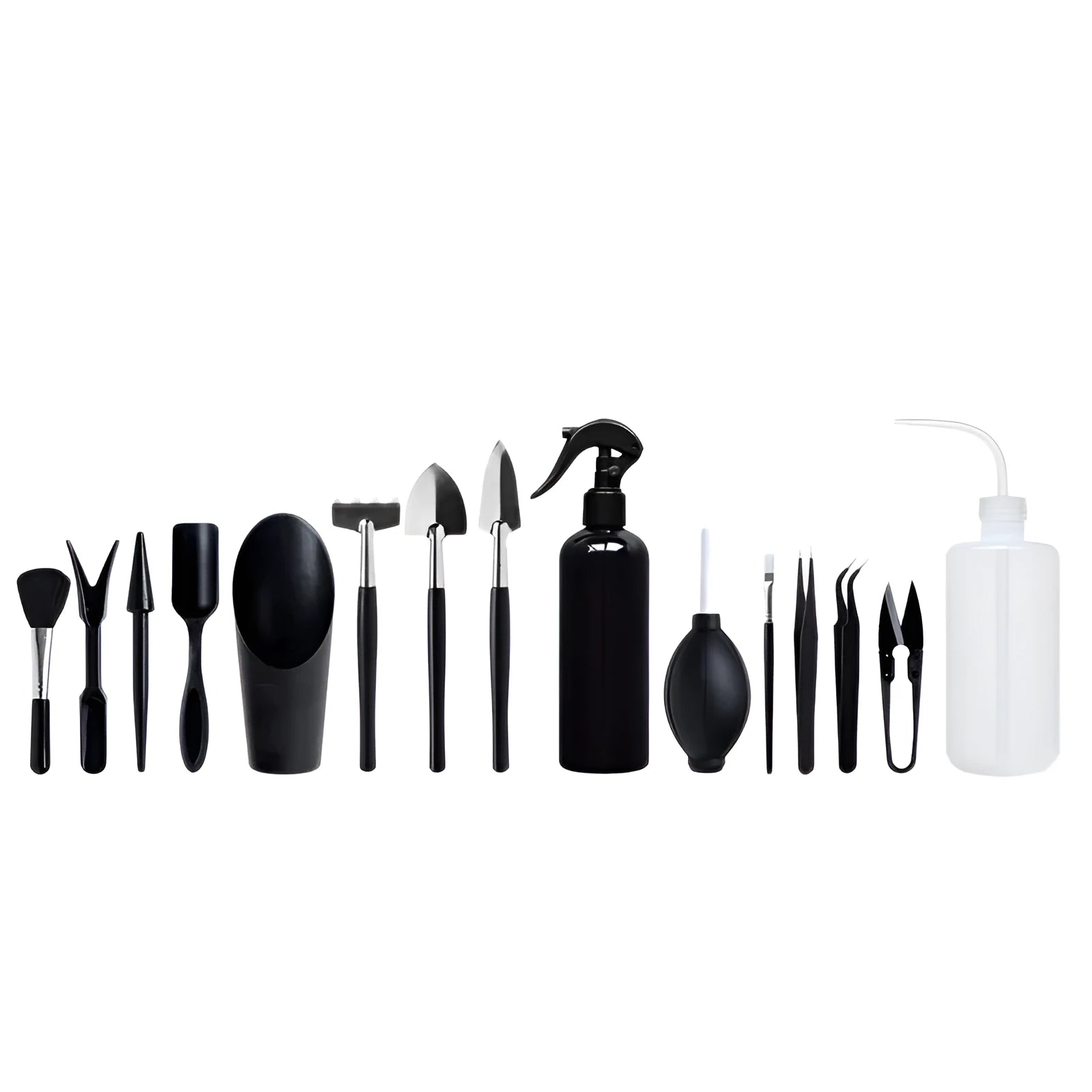 Black mini garden tool set for succulents with 15 tools including shovel, tweezers, watering bottle, and a square cushion.
