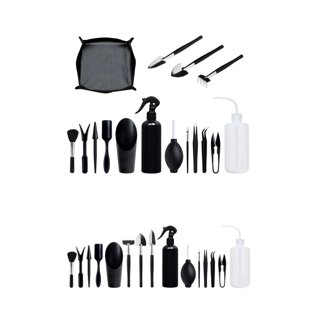 Black mini garden tool set for succulents with 15 tools including shovel, tweezers, watering bottle, and a square cushion.