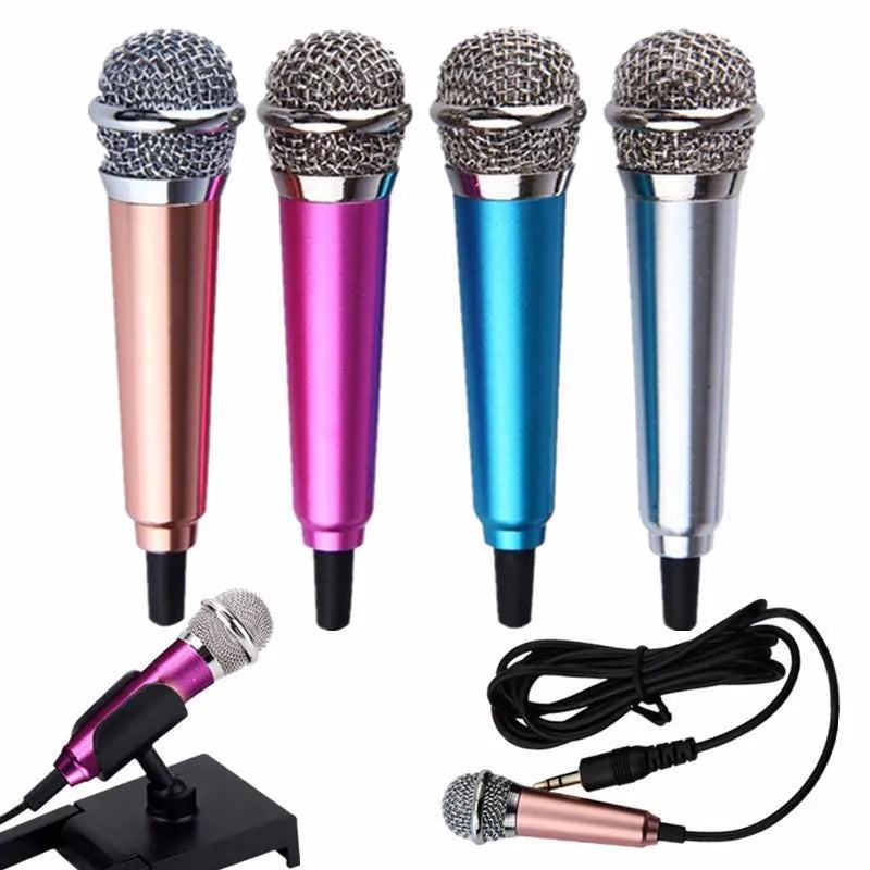 T3 Mini Karaoke Condenser Wired Microphone in gold, blue, red, and silver colour options.