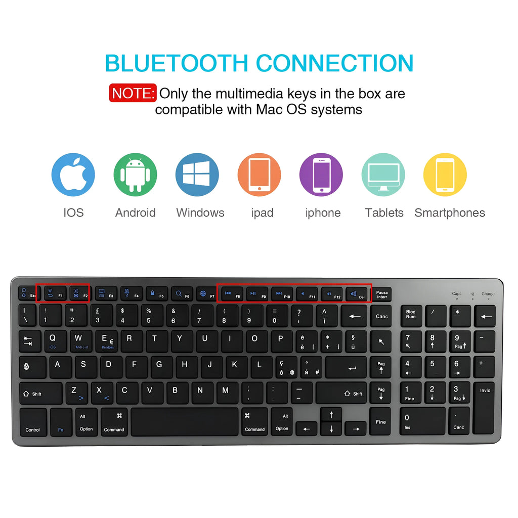 White ultra-thin universal Bluetooth keyboard with 104 keys for tablets and notebooks
