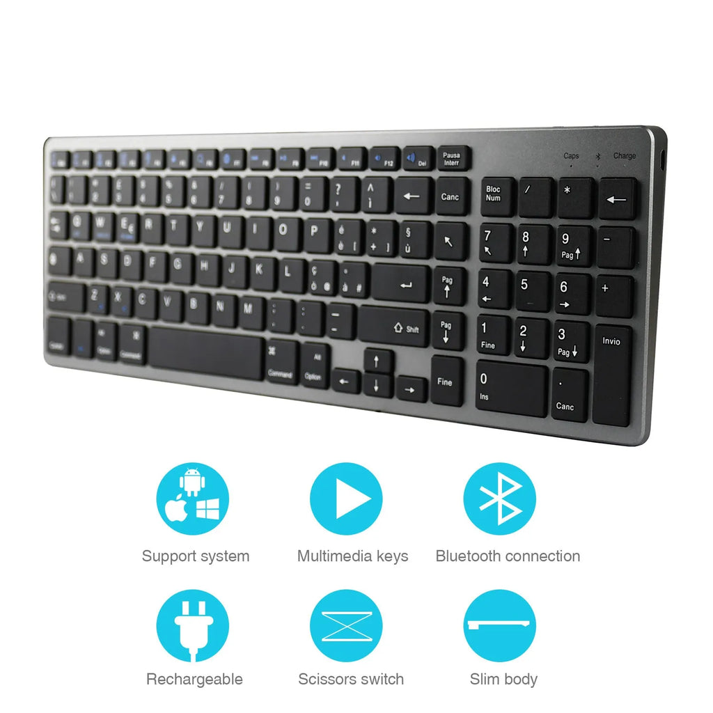 White ultra-thin universal Bluetooth keyboard with 104 keys for tablets and notebooks