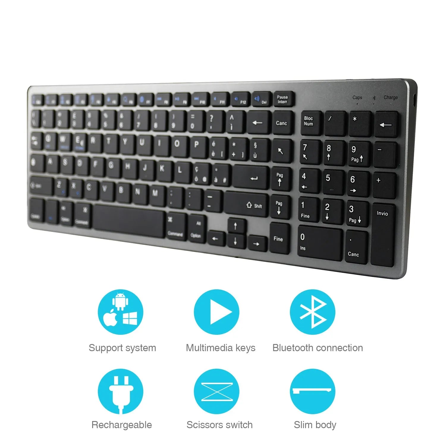 White ultra-thin universal Bluetooth keyboard with 104 keys for tablets and notebooks