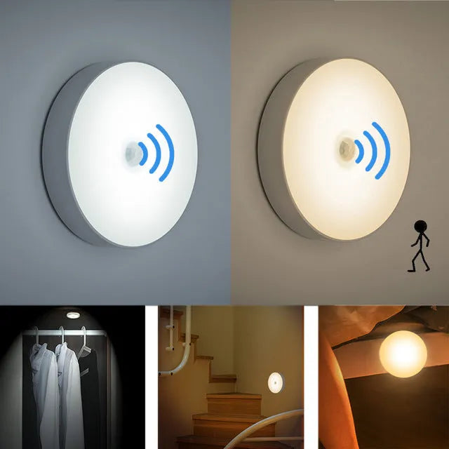 White motion sensor LED night light with USB charging port and adhesive backing