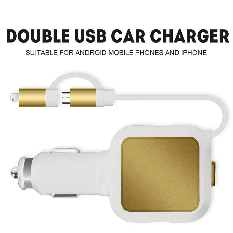 2 in 1 dual USB retractable car charger in black and gold colour showing USB ports and retractable cable