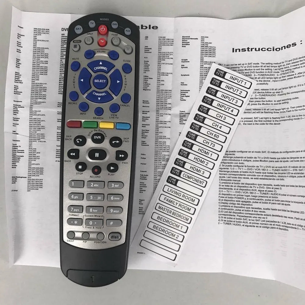 Black DISH Network Flat 20.1 universal remote control for satellite TV receivers.