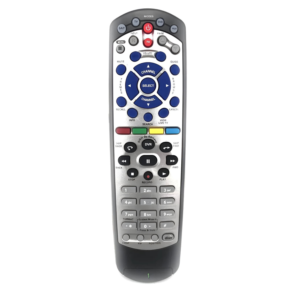 Black DISH Network Flat 20.1 universal remote control for satellite TV receivers.