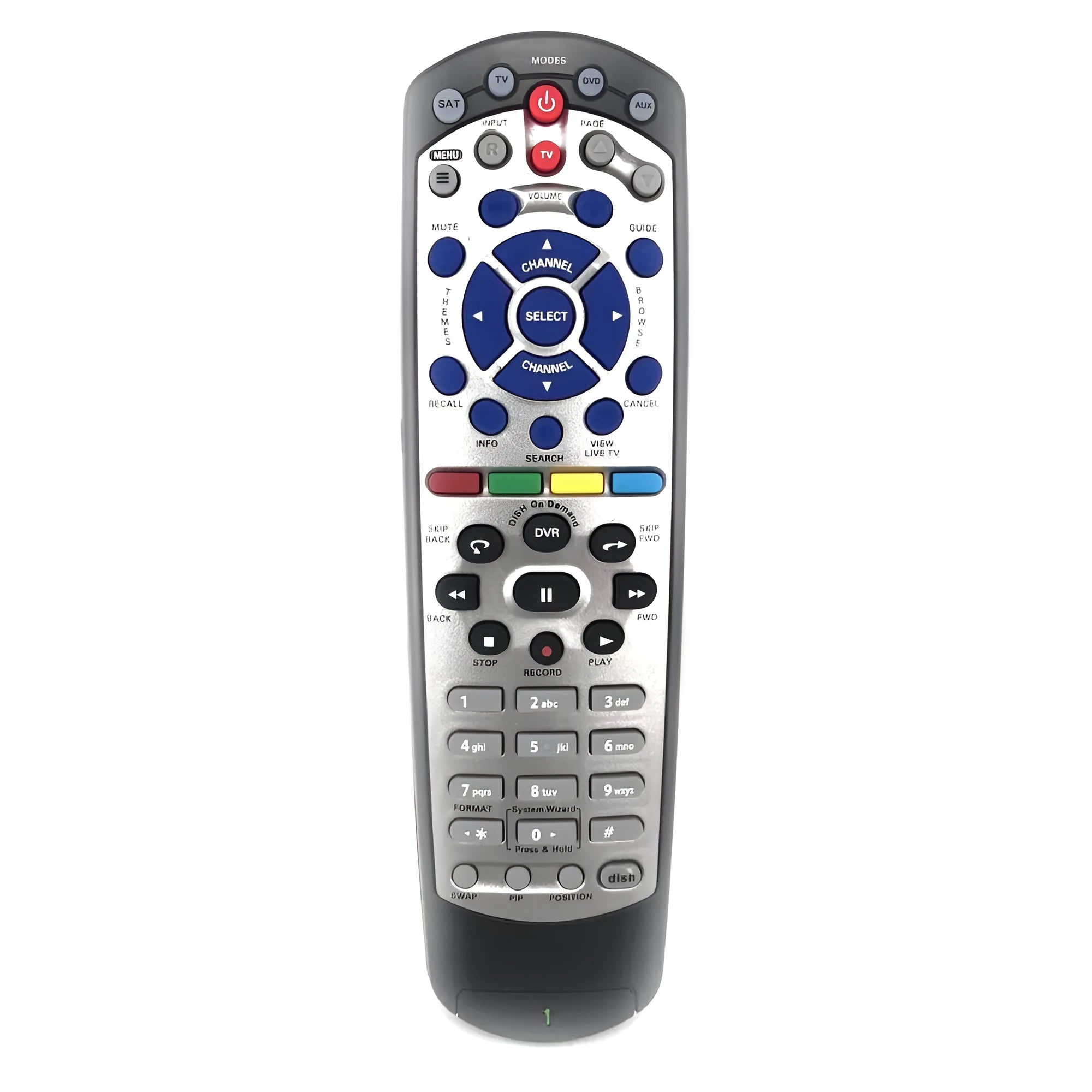 Black DISH Network Flat 20.1 universal remote control for satellite TV receivers.