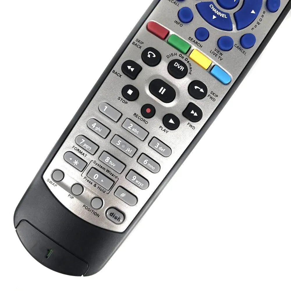 Black DISH Network Flat 20.1 universal remote control for satellite TV receivers.
