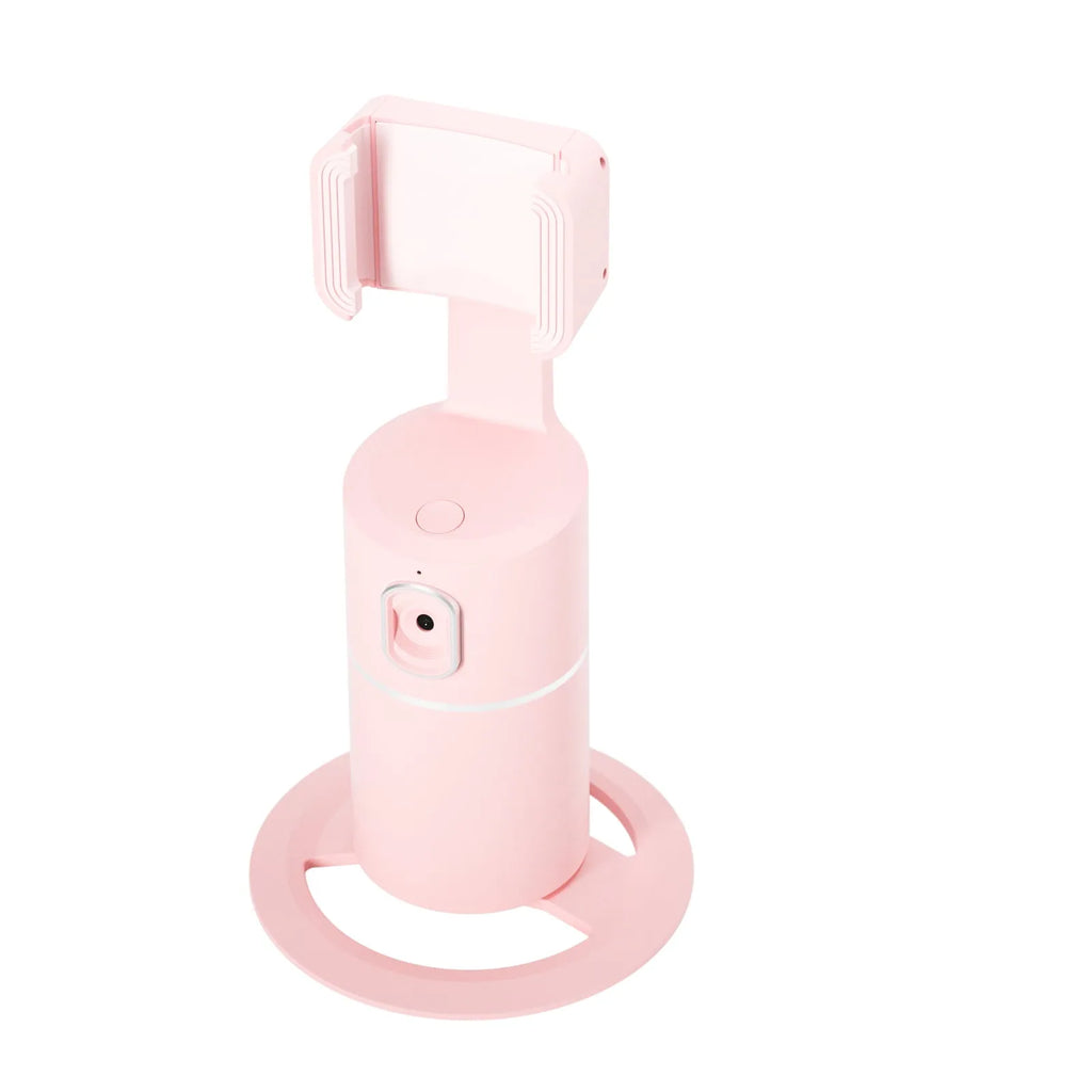 Black 360-degree smart tracking gimbal stabiliser clipped onto a mobile phone.