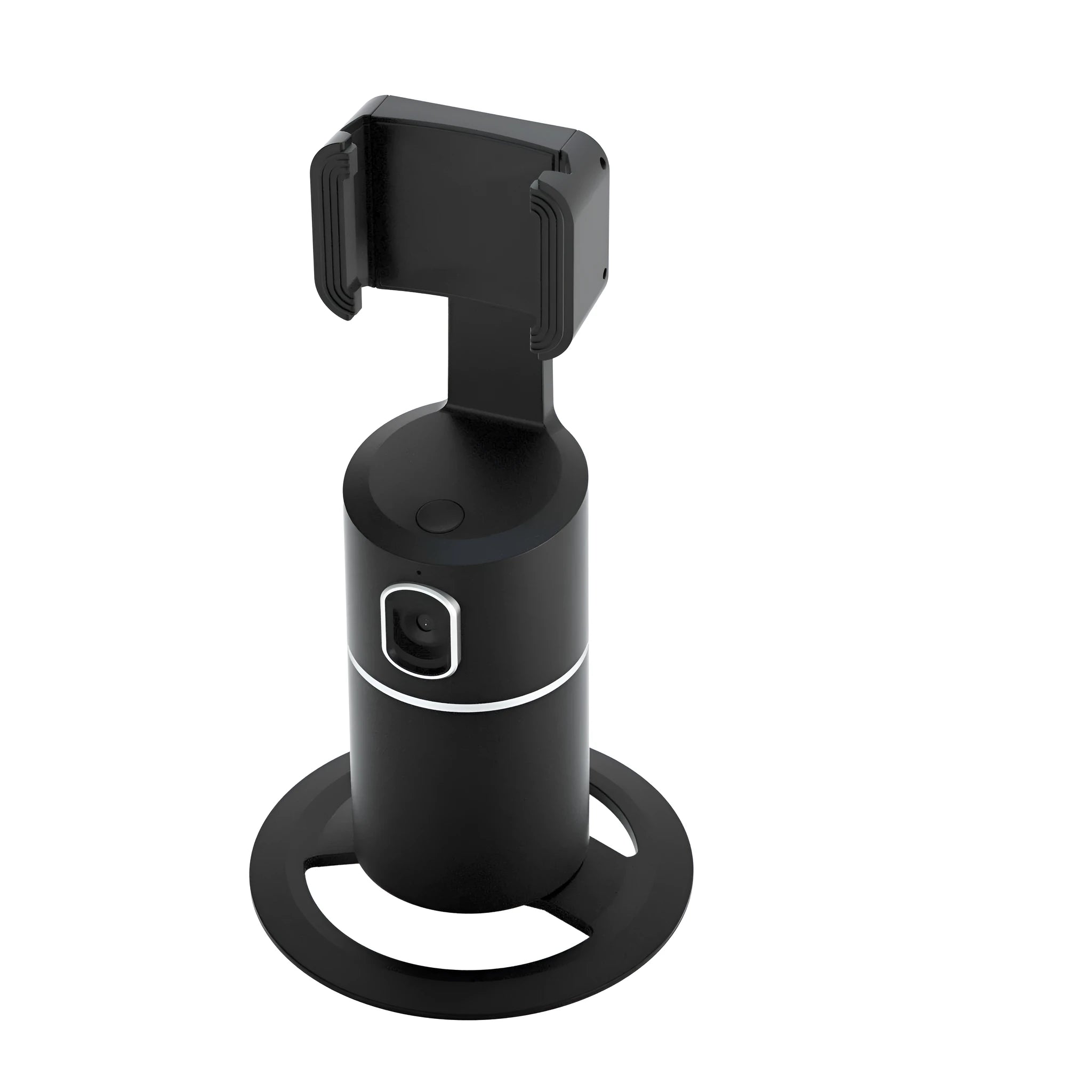 Black 360-degree smart tracking gimbal stabiliser clipped onto a mobile phone.