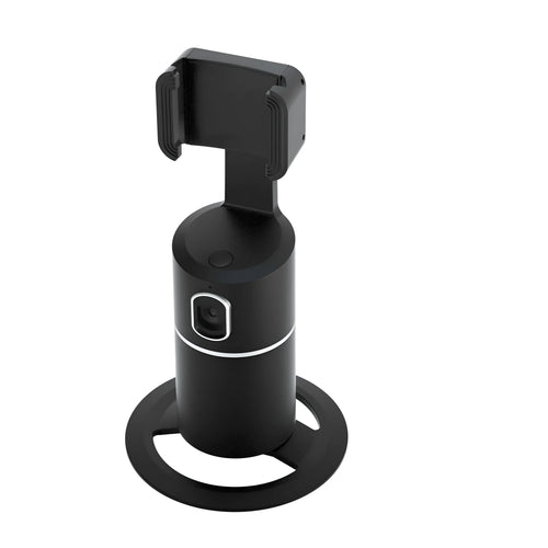 Black 360-degree smart tracking gimbal stabiliser clipped onto a mobile phone.