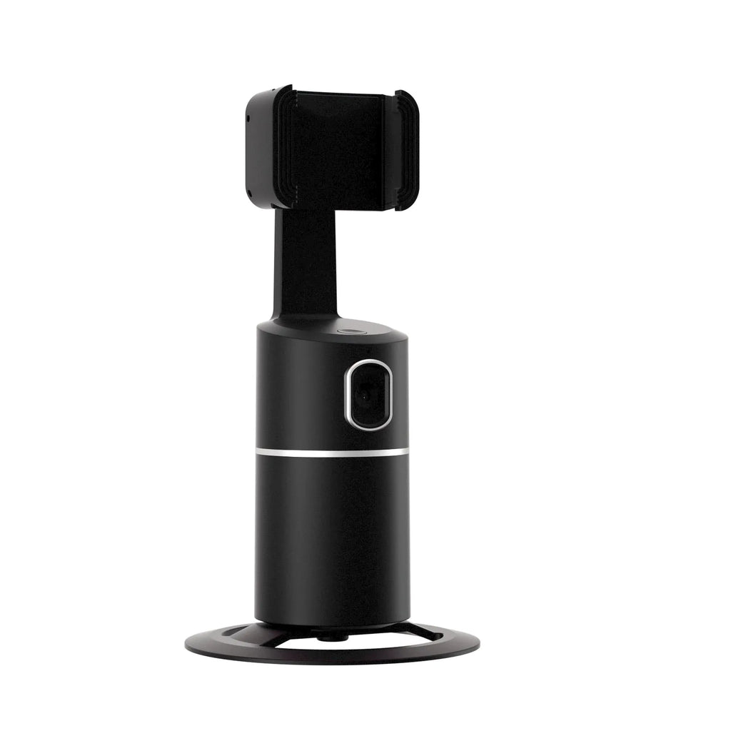 Black 360-degree smart tracking gimbal stabiliser clipped onto a mobile phone.