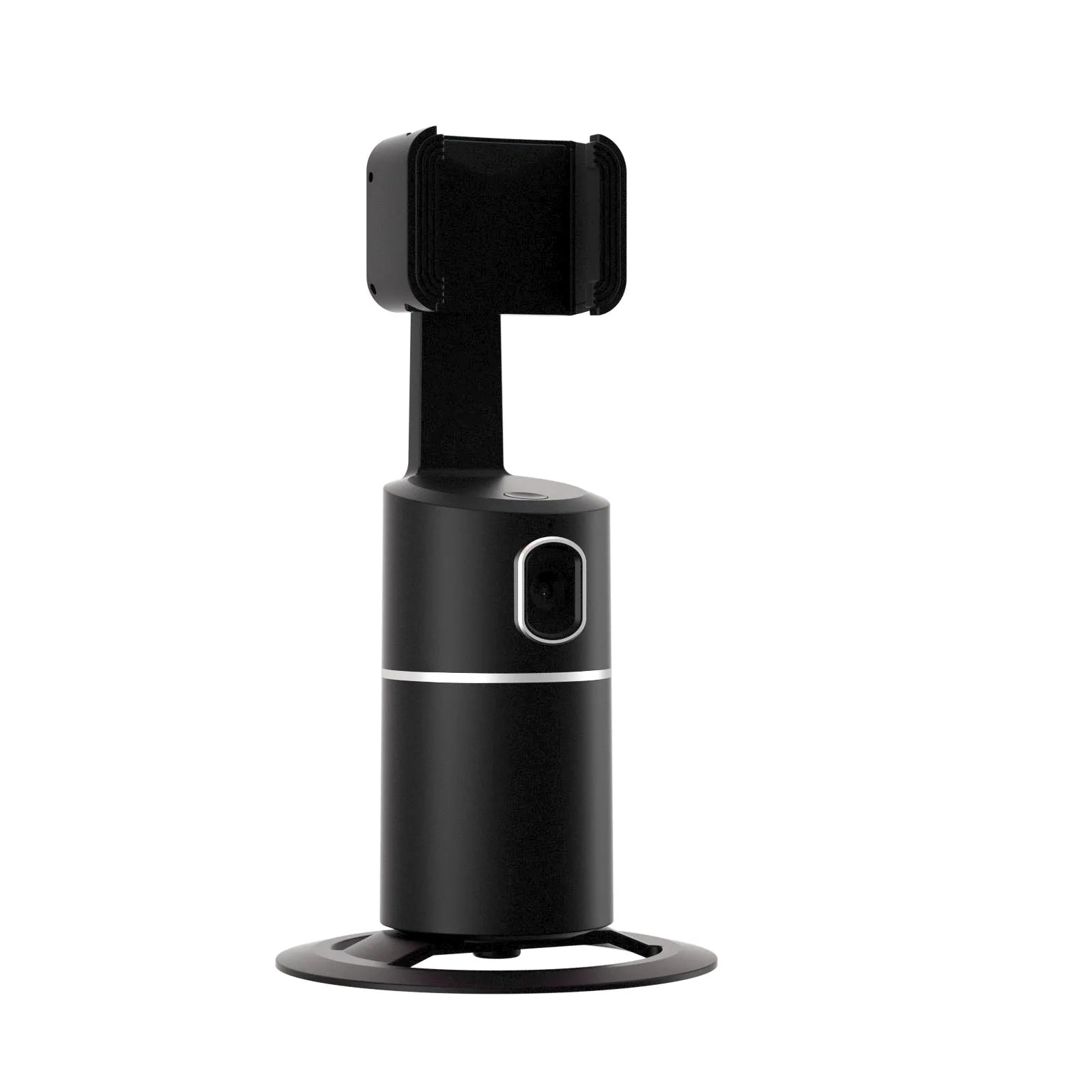 Black 360-degree smart tracking gimbal stabiliser clipped onto a mobile phone.
