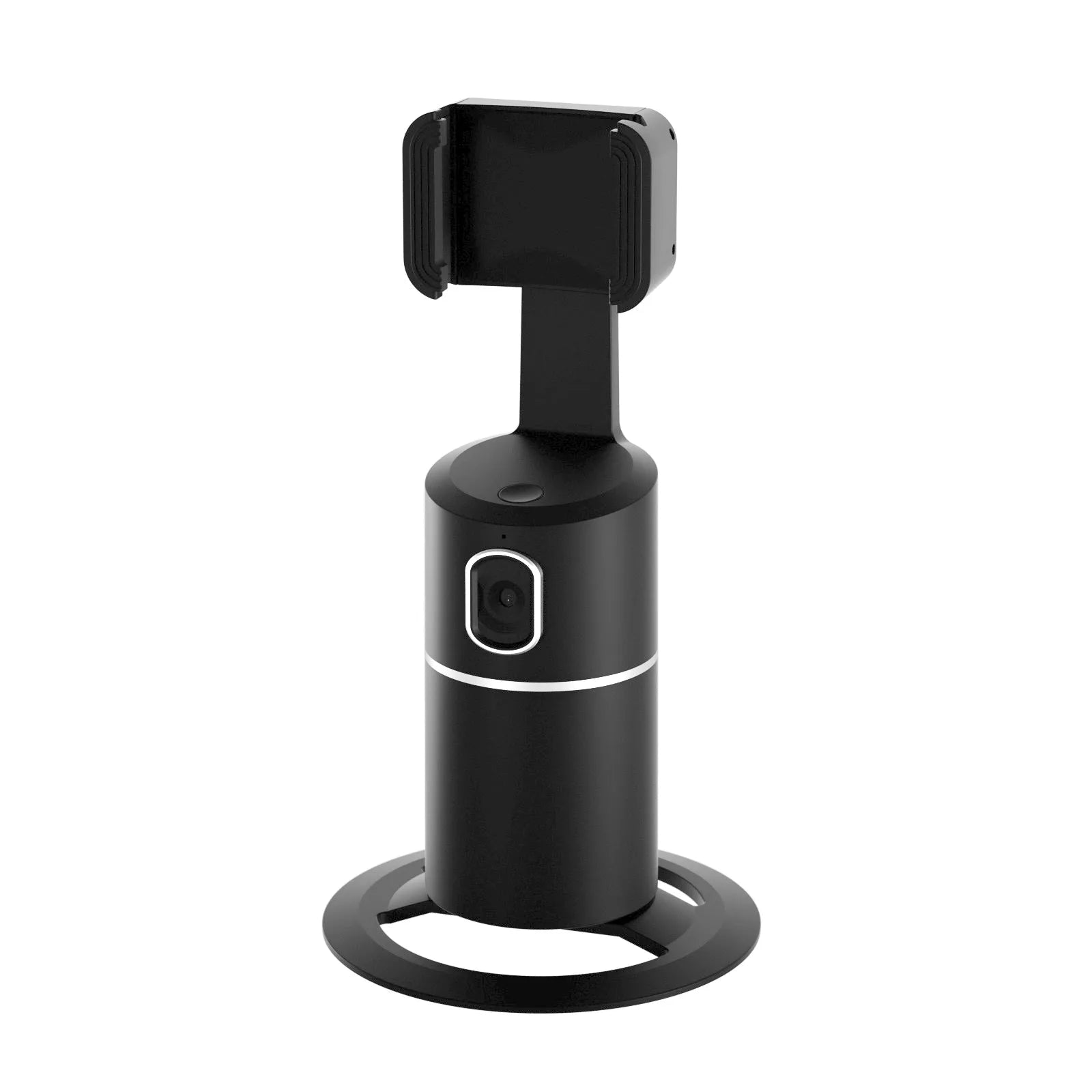 Black 360-degree smart tracking gimbal stabiliser clipped onto a mobile phone.