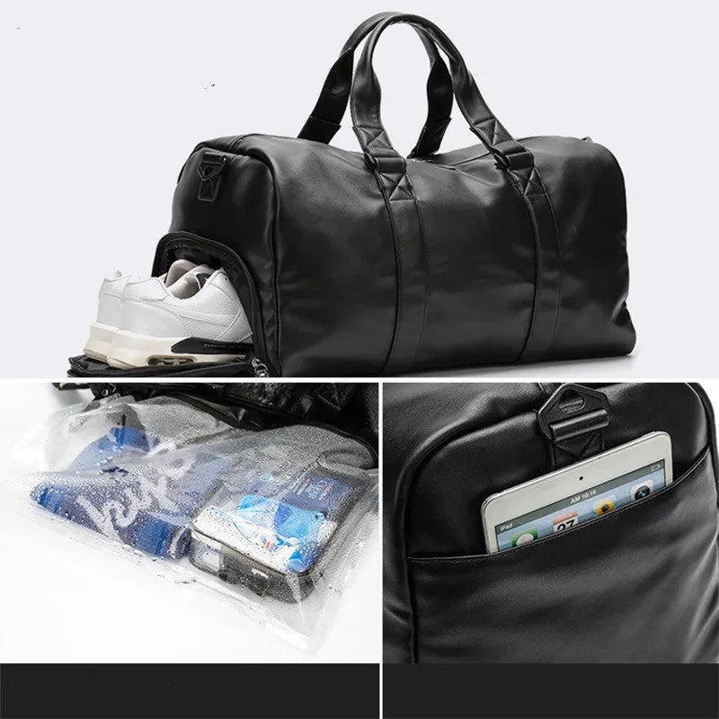 Large black PU leather sports training bag showing multiple zippered pockets and a single shoulder strap.