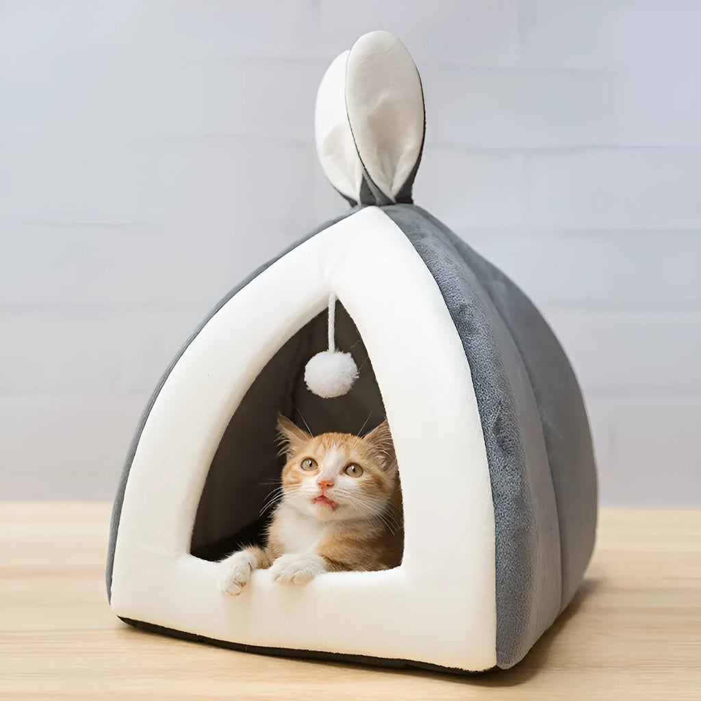 Grey cloth cat house villa bed for cats and small dogs, shown in a medium size.