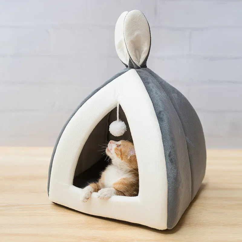 Grey cloth cat house villa bed for cats and small dogs, shown in a medium size.