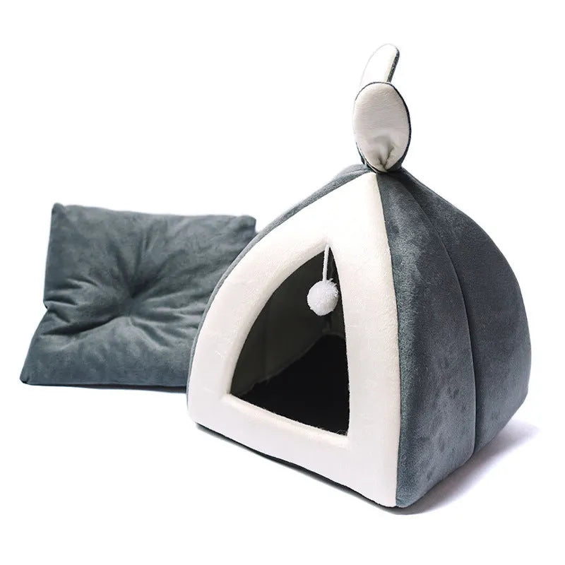 Grey cloth cat house villa bed for cats and small dogs, shown in a medium size.