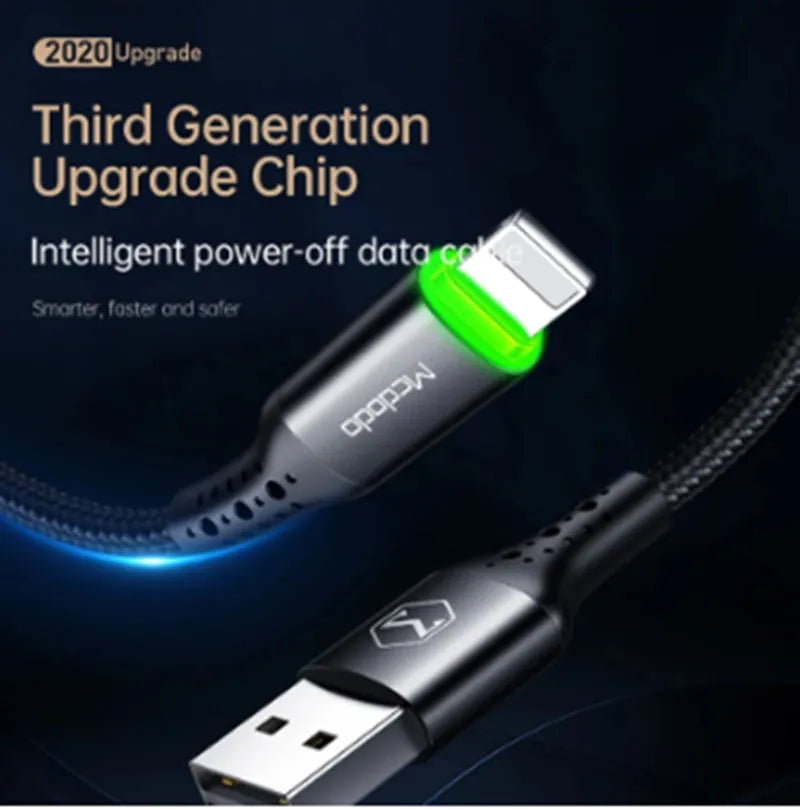 Black USB-C to Lightning iPhone charging cable with LED lights, shown in 1.2m and 1.8m lengths.