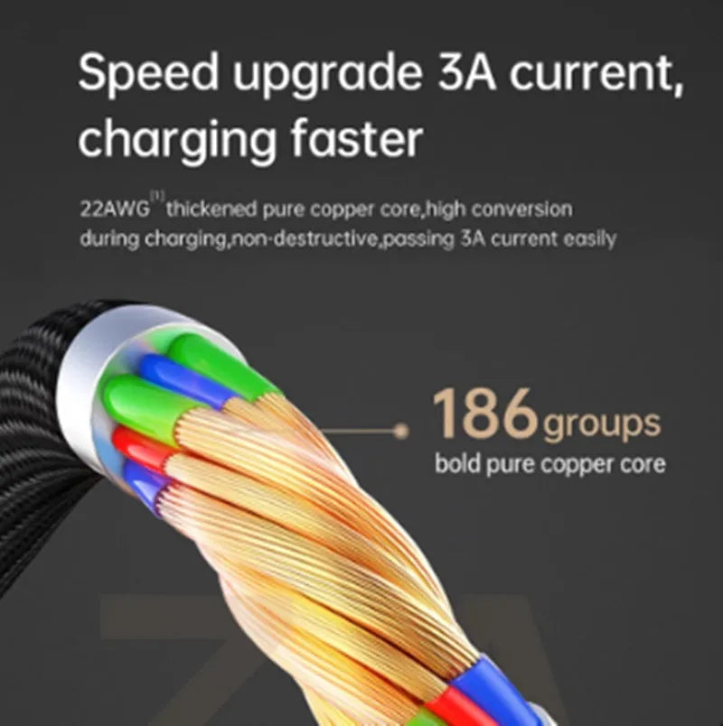 Black USB-C to Lightning iPhone charging cable with LED lights, shown in 1.2m and 1.8m lengths.