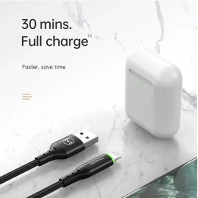 Black USB-C to Lightning iPhone charging cable with LED lights, shown in 1.2m and 1.8m lengths.
