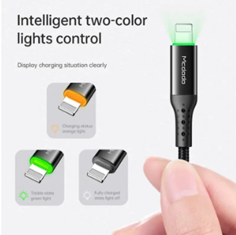 Black USB-C to Lightning iPhone charging cable with LED lights, shown in 1.2m and 1.8m lengths.