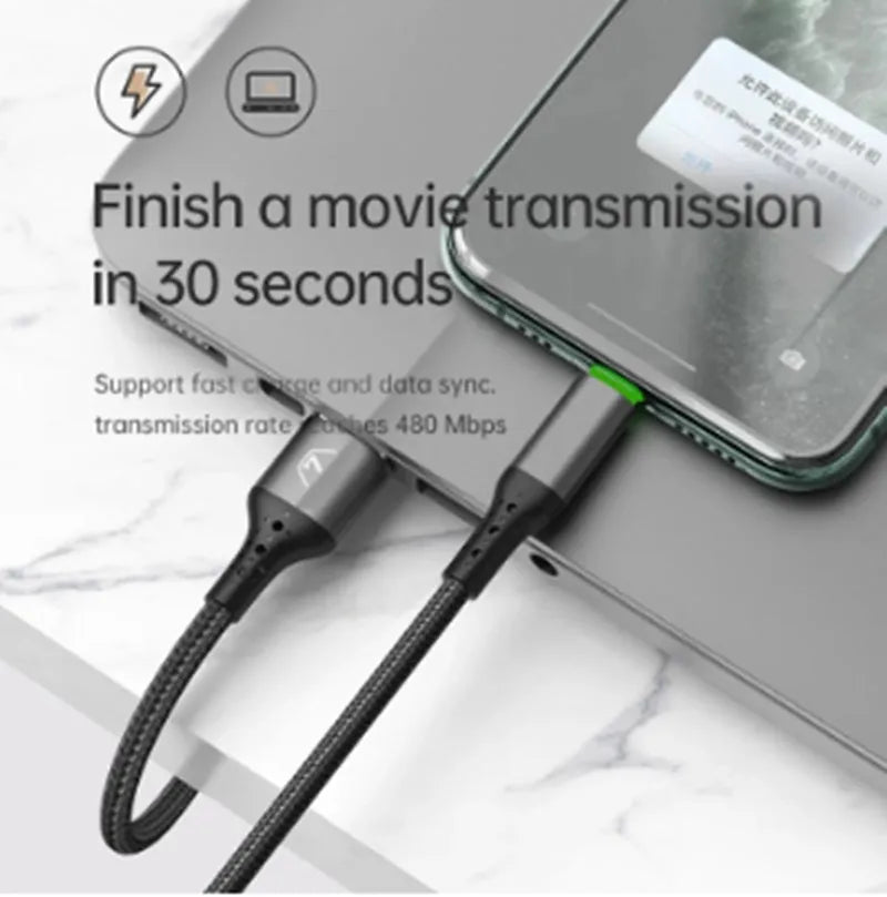 Black USB-C to Lightning iPhone charging cable with LED lights, shown in 1.2m and 1.8m lengths.