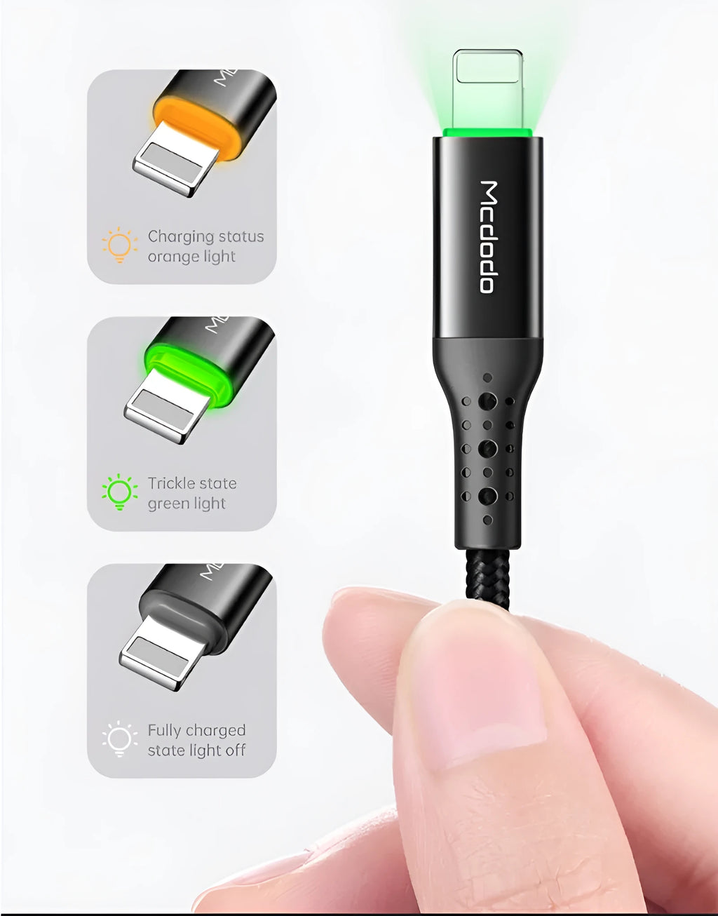 Black USB-C to Lightning iPhone charging cable with LED lights, shown in 1.2m and 1.8m lengths.