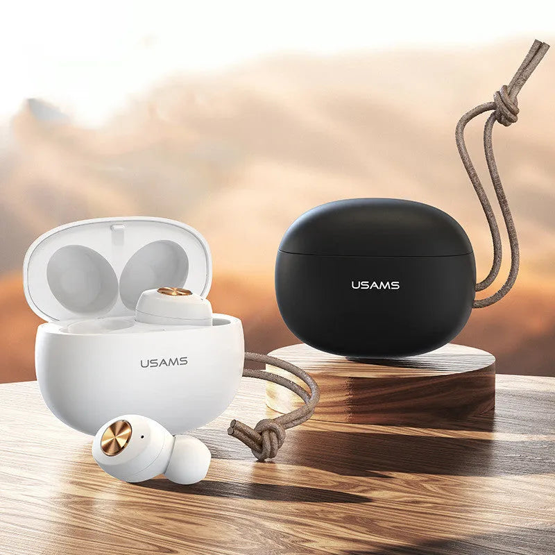 Mini wireless Bluetooth TWS earbuds in charging case with black, white and dark green colour options