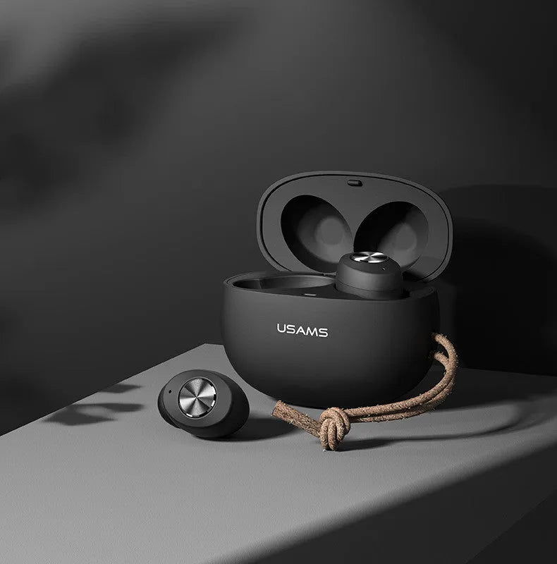 Mini wireless Bluetooth TWS earbuds in charging case with black, white and dark green colour options