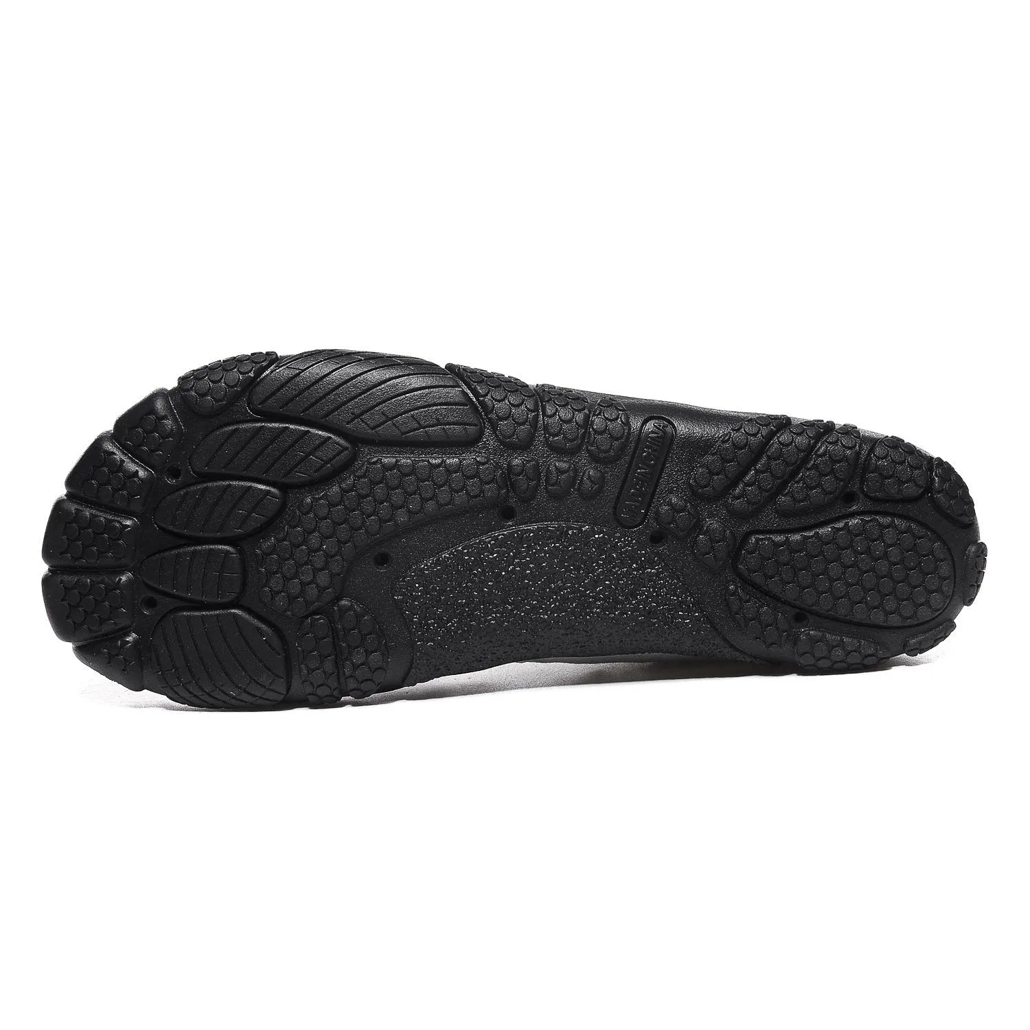 Unisex outdoor water shoes in black with mesh upper and rubber sole, shown on rocky riverbank.