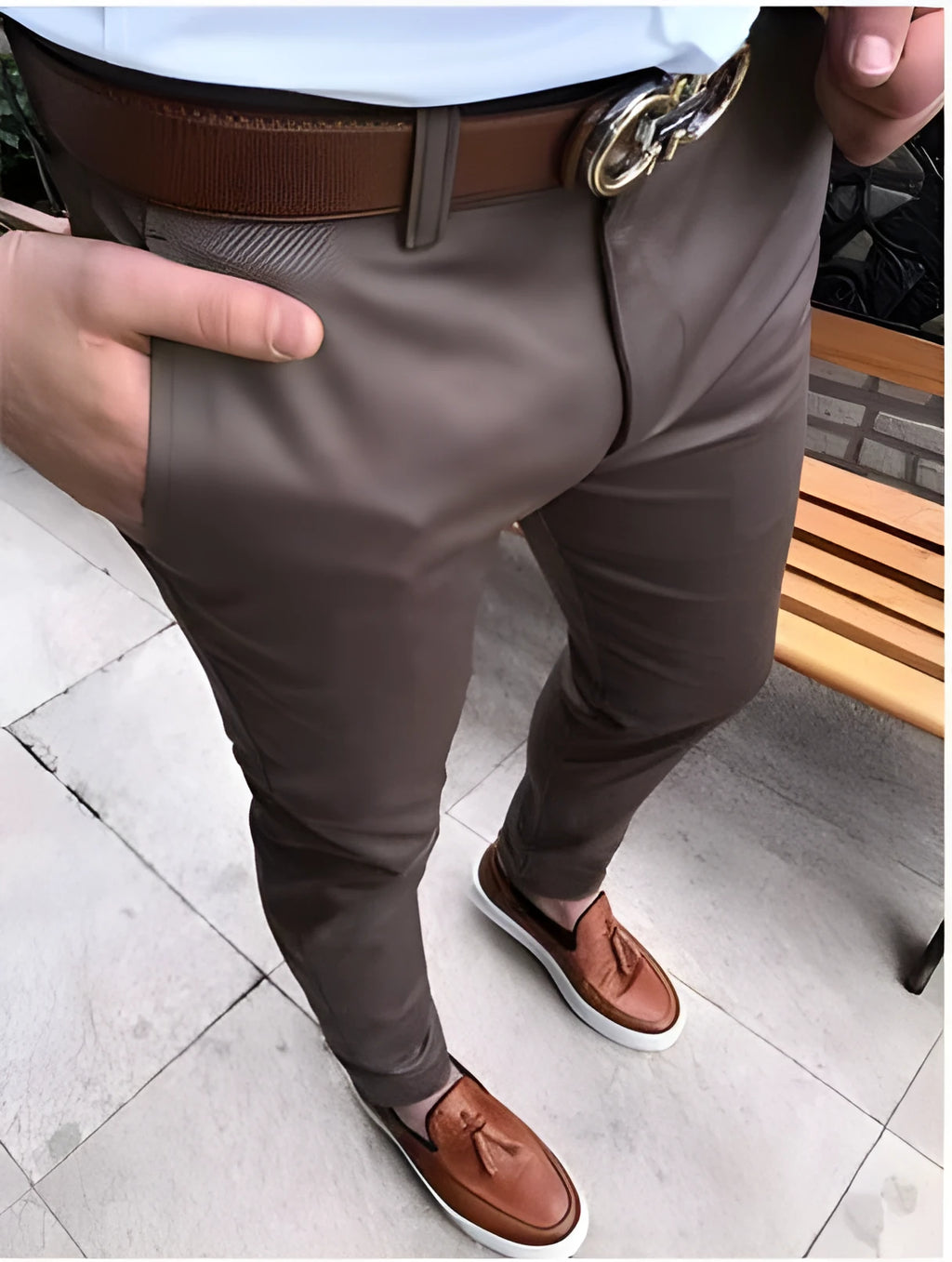 Men's 100% cotton casual suit trousers in straight leg style with pockets, coffee colour