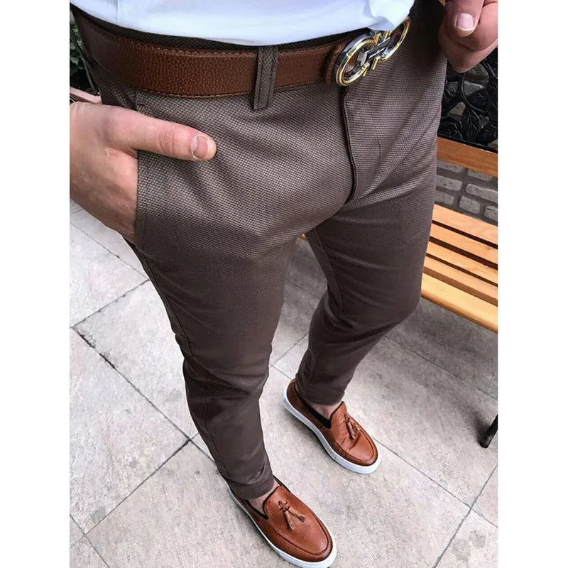 Men's 100% cotton casual suit trousers in straight leg style with pockets, coffee colour