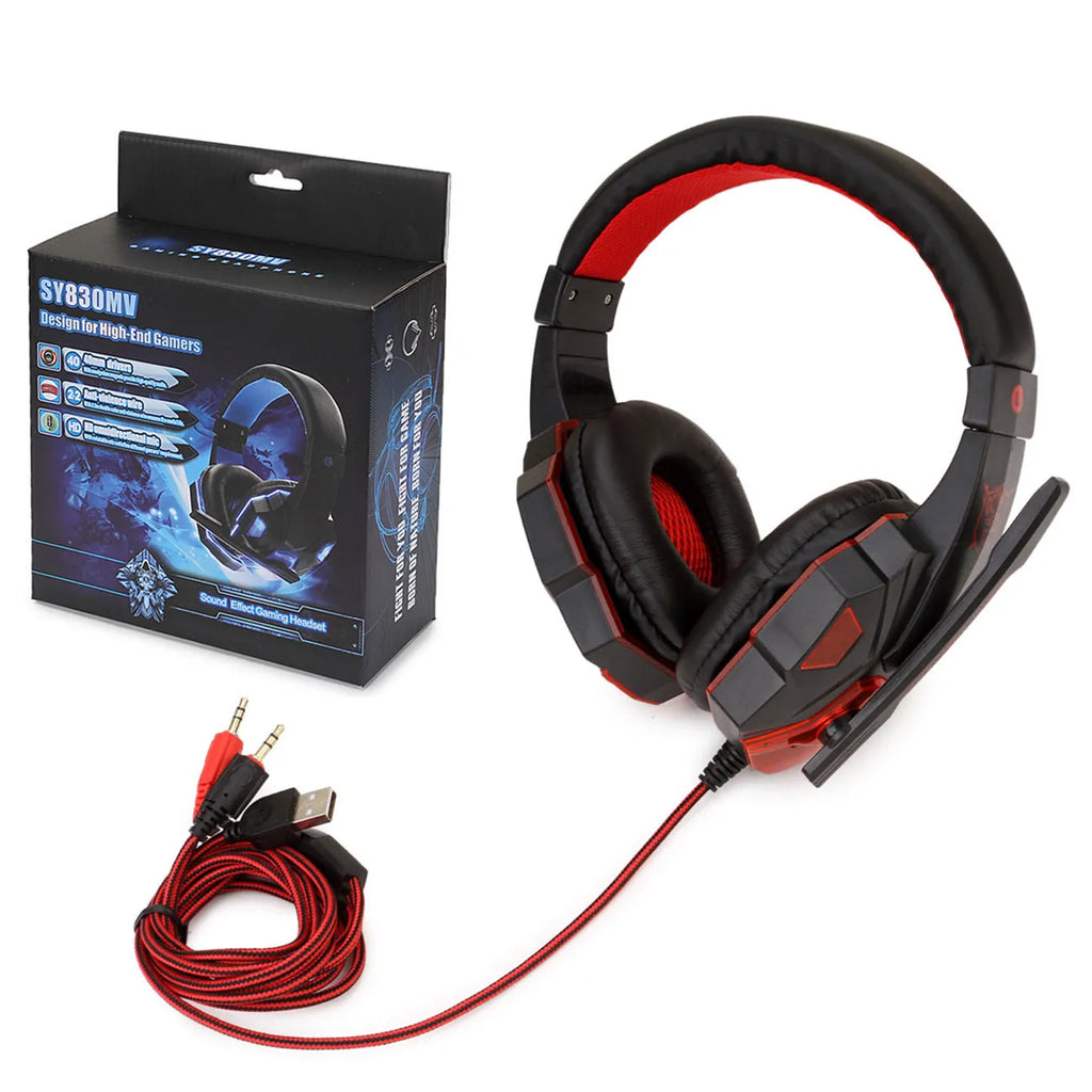 Wired gaming headset with light-up elements and leather earmuffs in black red colour option
