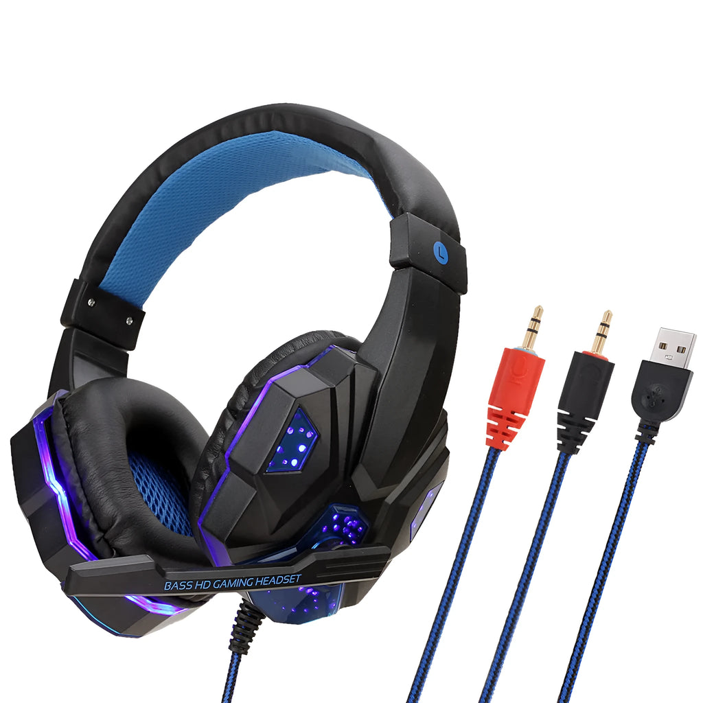 Wired gaming headset with light-up elements and leather earmuffs in black red colour option