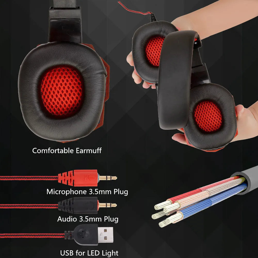 Wired gaming headset with light-up elements and leather earmuffs in black red colour option