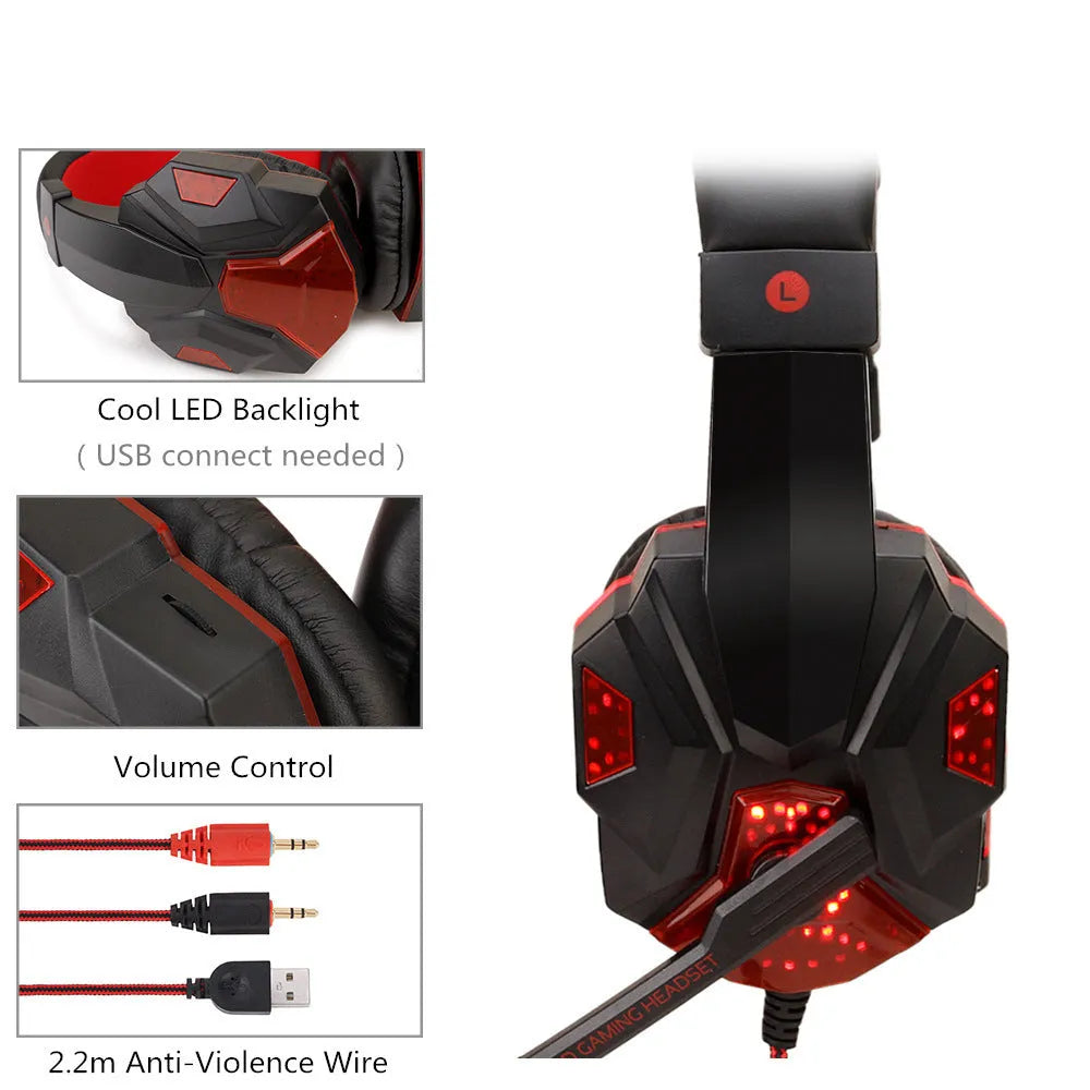 Wired gaming headset with light-up elements and leather earmuffs in black red colour option