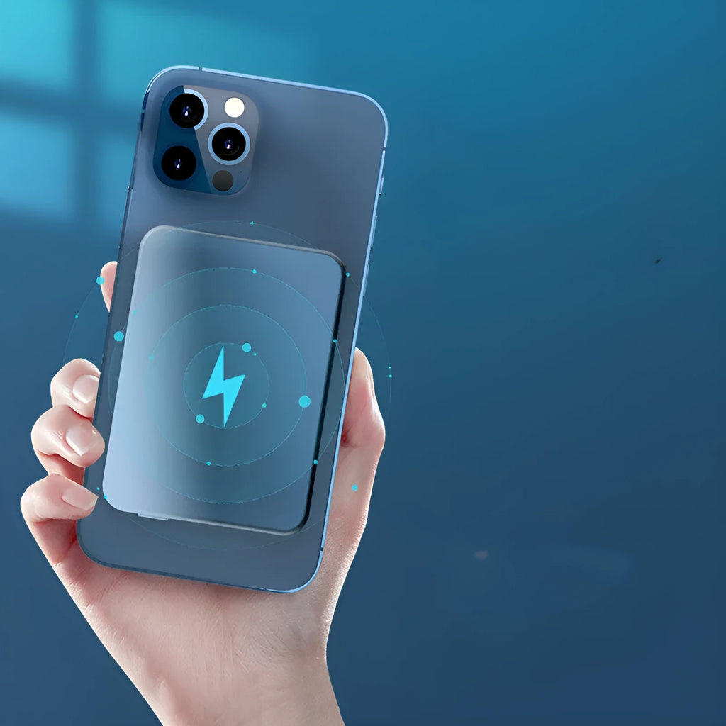 Silver Apple wireless magnetic power bank showing USB-C port and compact dimensions