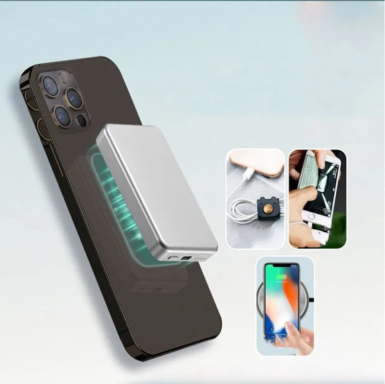 Silver Apple wireless magnetic power bank showing USB-C port and compact dimensions