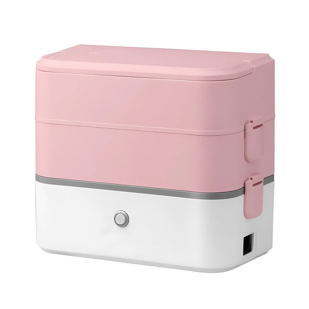 Double-layer portable heated lunch box in pink white colour with stainless steel liner