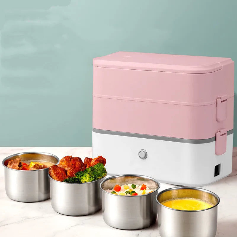 Double-layer portable heated lunch box in pink white colour with stainless steel liner