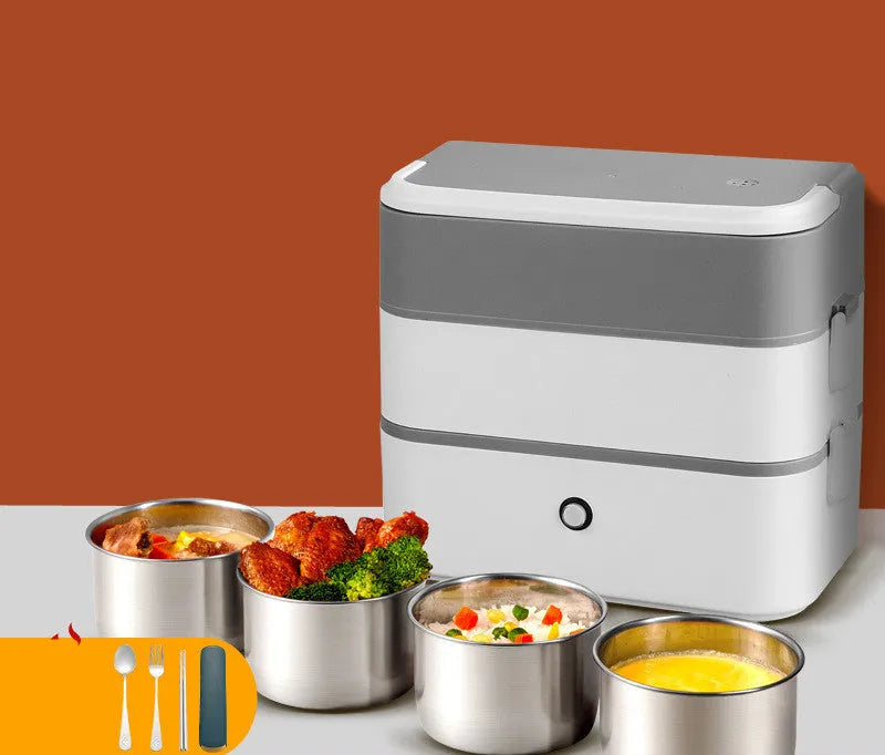 Double-layer portable heated lunch box in pink white colour with stainless steel liner