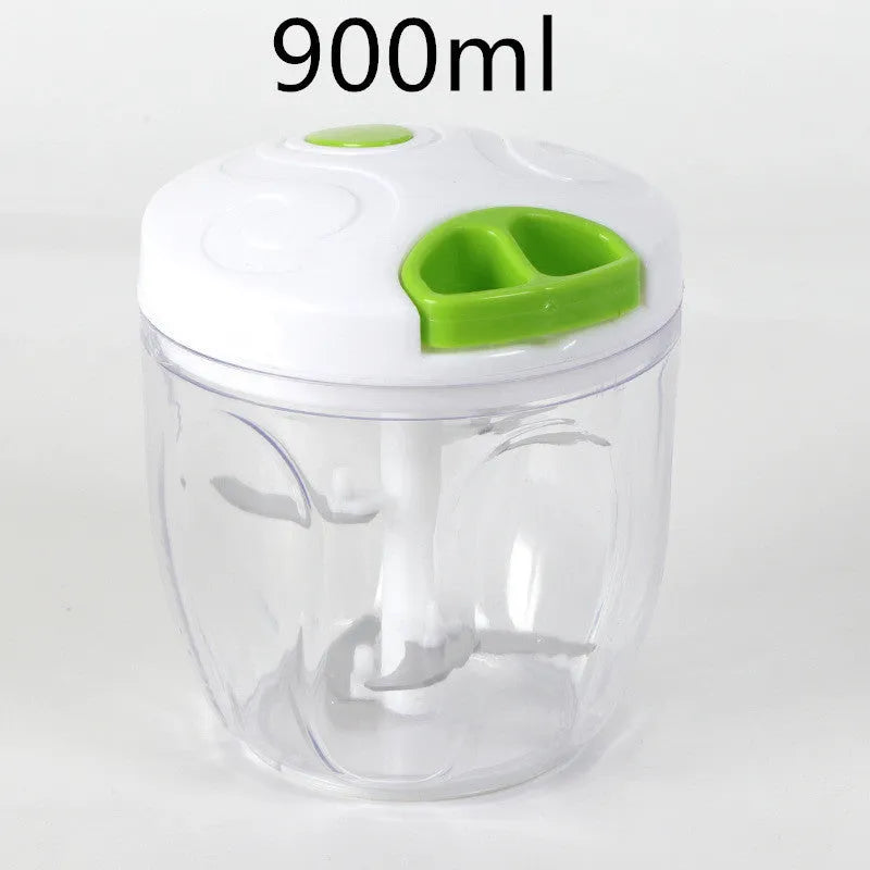 Green manual kitchen chopper with three stainless steel blades and a 500ml capacity bowl.