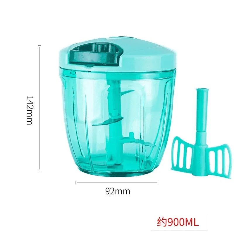Green manual kitchen chopper with three stainless steel blades and a 500ml capacity bowl.