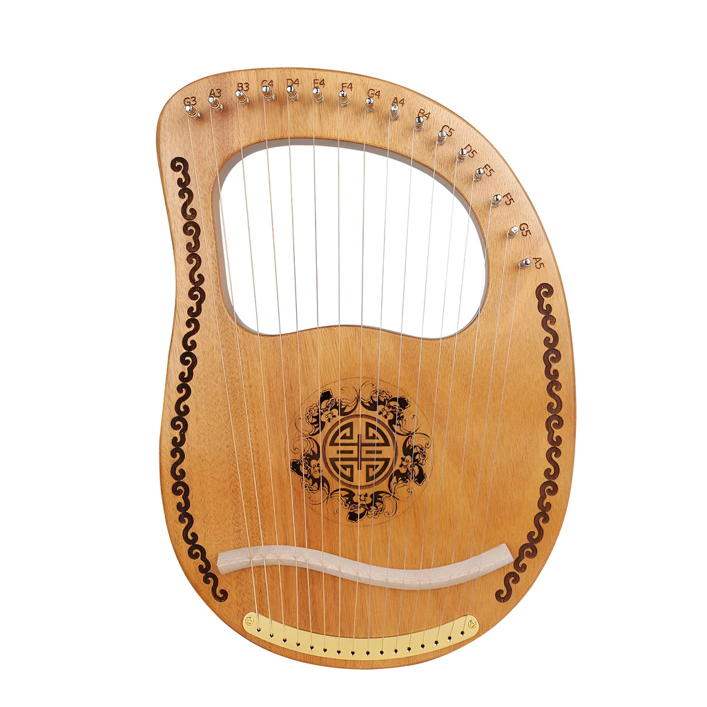 Small portable mahogany harp with strings and tuning wrench, 37cm length, original wood colour finish