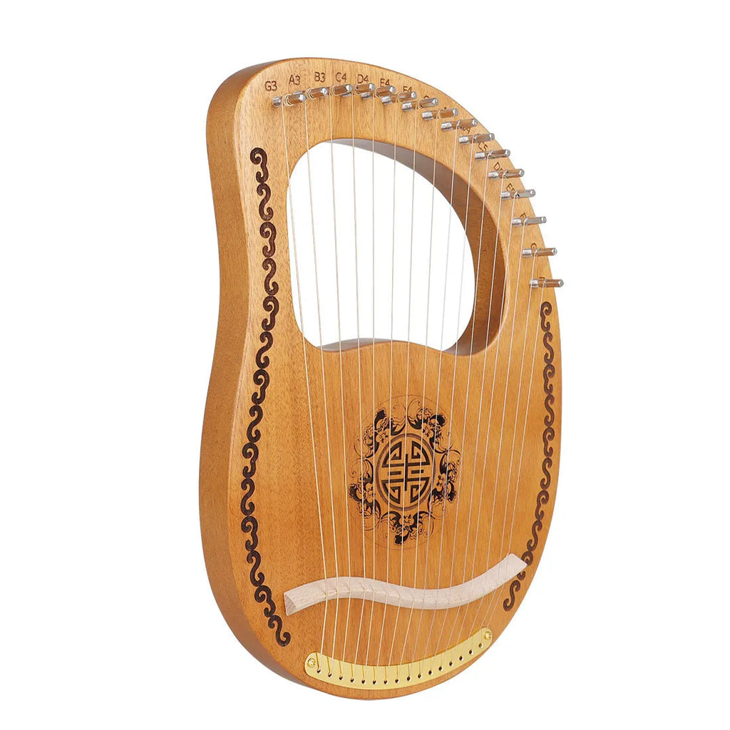Small portable mahogany harp with strings and tuning wrench, 37cm length, original wood colour finish