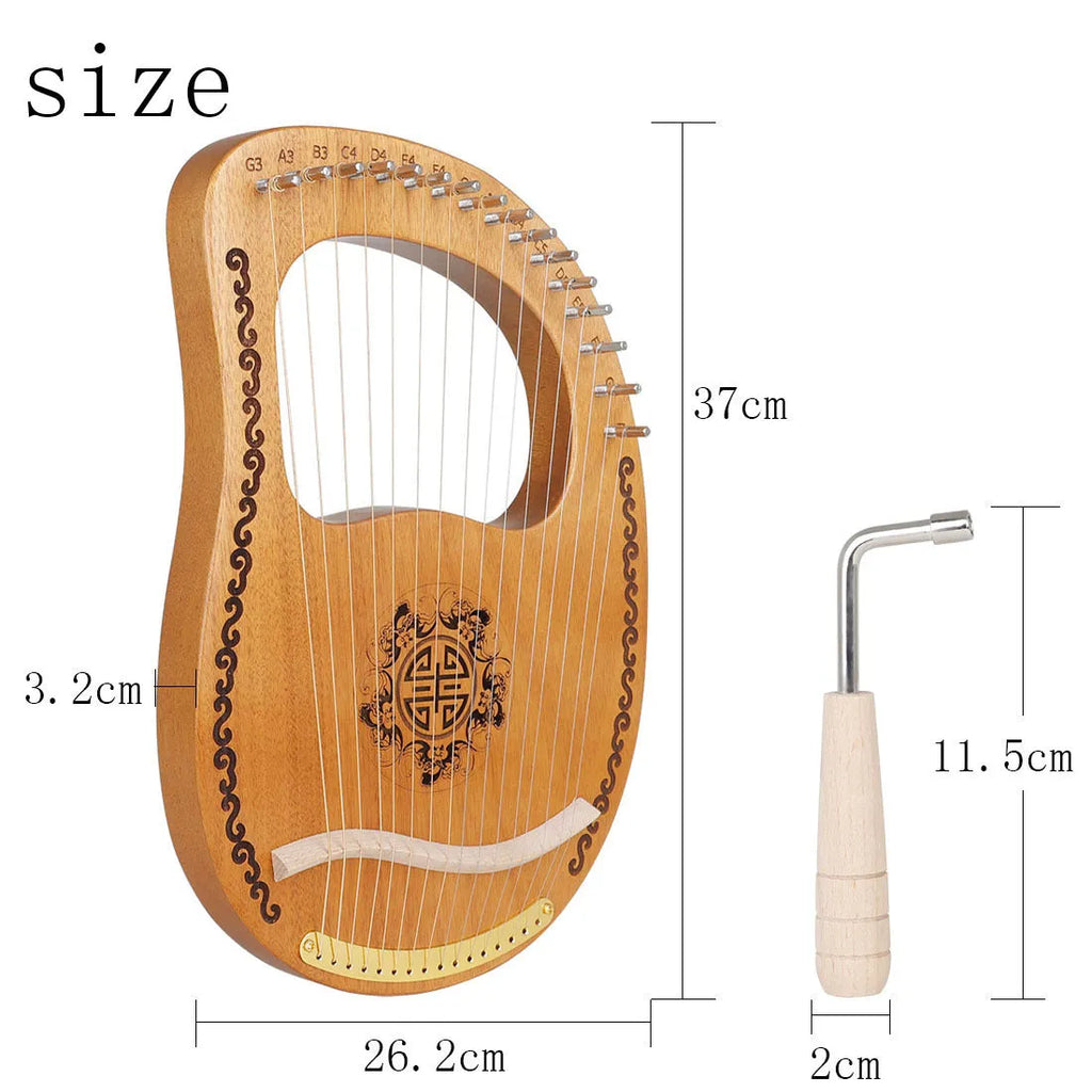 Small portable mahogany harp with strings and tuning wrench, 37cm length, original wood colour finish