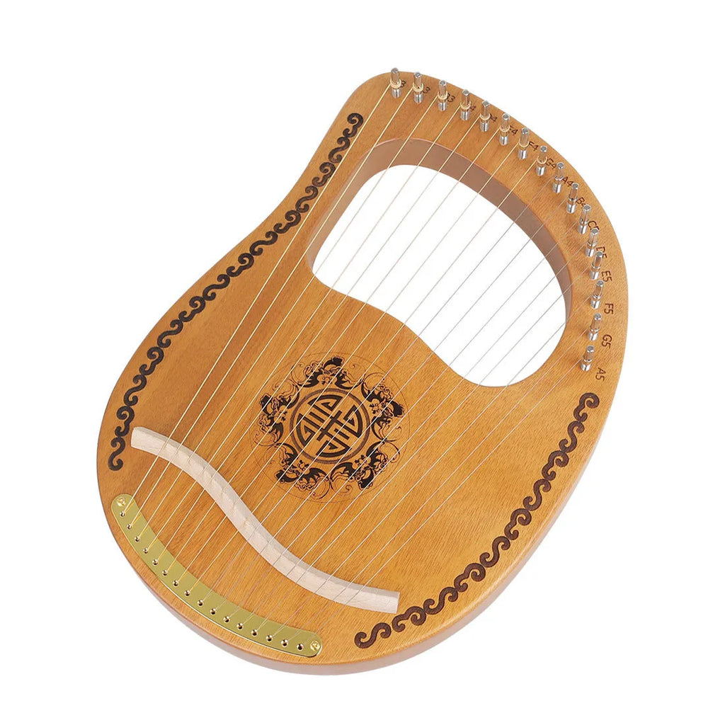 Small portable mahogany harp with strings and tuning wrench, 37cm length, original wood colour finish