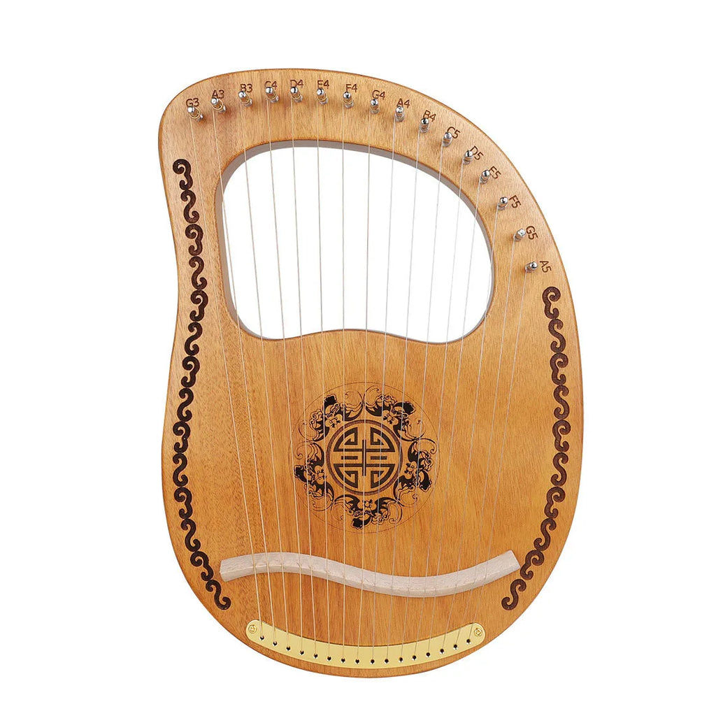 Small portable mahogany harp with strings and tuning wrench, 37cm length, original wood colour finish
